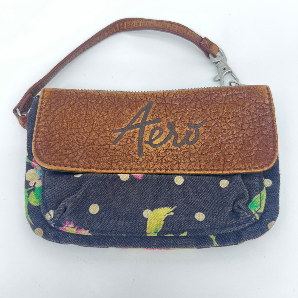 Aeropostale Floral Fabric Faux Leather Wristlet Boho Cottage Core‎ Earthy Cute